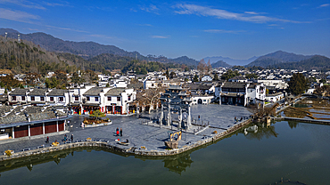 Aerial of Xidi historic ancient village, UNESCO World Heritage Site, Xidi, Anhui, China, Asia