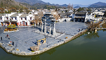 Aerial of Xidi historic ancient village, UNESCO World Heritage Site, Xidi, Anhui, China, Asia