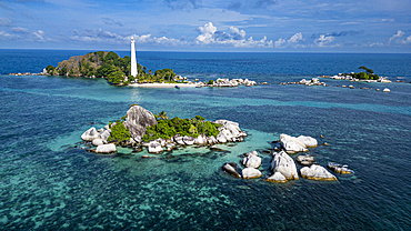 Aerial of Lengkuas (Old Indie Lighthouse Island), Belitung island off the coast of Sumatra, Indonesia, Southeast Asia, Asia