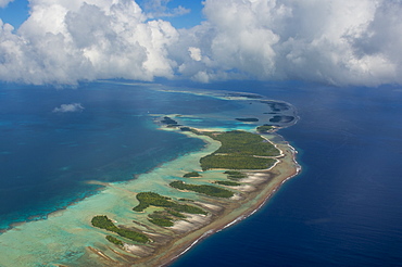 Aerial of the blue lagoon in Rangiroa, Tuamotus, French Polynesia, Pacific