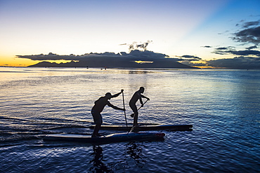 Stand up paddlers working out at sunset with Moorea in the background, Papeete, Tahiti, Society Islands, French Polynesia, Pacific