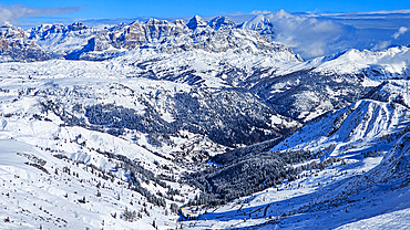 Snowy landscape with forest and mountains, Dolomites, Italy, Europe