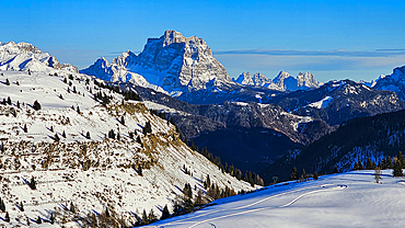 Winter landscape with mountain peaks, Dolomites, Italy, Europe