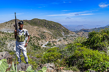 Armed guard and view over the Sheikh Mountains, Somaliland, Somalia, Africa