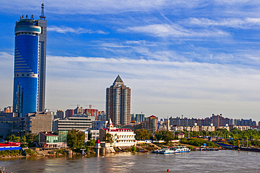 The skyline of Harbin with the Songhua River, Harbin, Heilongjiang, China, Asia