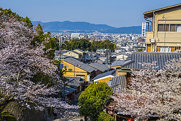 Cherry blossom and view from the Kiyomizu-dera Buddhist temple, UNESCO World Heritage Site, Kyoto, Honshu, Japan, Asia