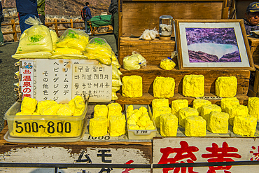 Sulphur for sale on the Crater rim on Mount Naka, an active volcano, Mount Aso, Kyushu, Japan, Asia