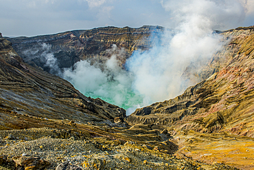 Mount Naka active crater lake, Mount Aso, Kyushu, Japan, Asia