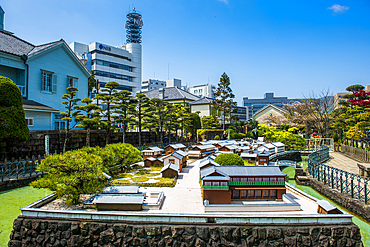 Miniature model of Dejima, a man made island in the port of Nagasaki, Kyushu, Japan, Asia