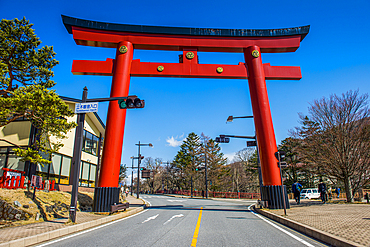 Red gate in Chuzenjiko Onsen, UNESCO World Heritage Site, Tochigi Prefecture, Nikko, Kanto, Honshu, Japan, Asia