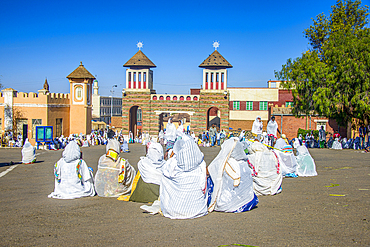 Orthodox women praying at the Easter ceremony, Coptic Cathedral of St. Mariam, Asmara, Eritrea, Africa