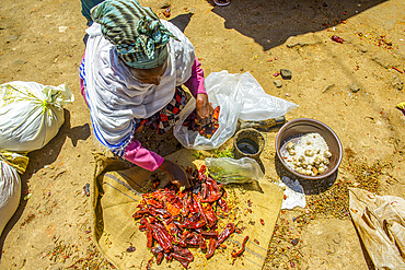 Women preparing chilis at the Medebar market, Asmara, Eritrea, Africa