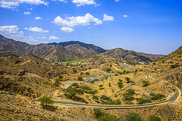 Railway track snaking through the mountains along the road from Massawa to Asmara, Eritrea, Africa