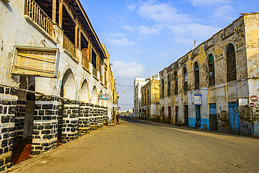 Main road with colonial buildings in the old port town of Massawa, Eritrea, Africa