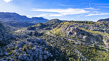 Aerial of the beautiful valley behind Pollenca, Mallorca, Balearic islands, Spain, Mediterranean, Europe