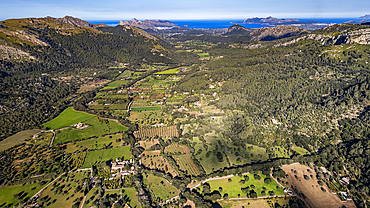 Aerial of the beautiful valley behind Pollenca, Mallorca, Balearic islands, Spain, Mediterranean, Europe