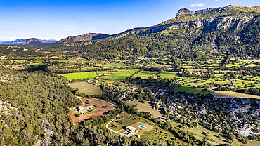 Aerial of the beautiful valley behind Pollenca, Mallorca, Balearic islands, Spain, Mediterranean, Europe