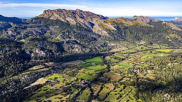 Aerial of the beautiful valley behind Pollenca, Mallorca, Balearic islands, Spain, Mediterranean, Europe