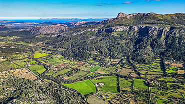 Aerial of the beautiful valley behind Pollenca, Mallorca, Balearic islands, Spain, Mediterranean, Europe