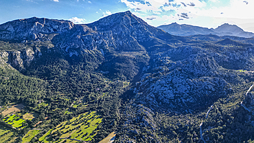 Aerial of the beautiful valley behind Pollenca, Mallorca, Balearic islands, Spain, Mediterranean, Europe