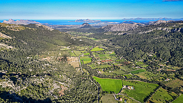 Aerial of the beautiful valley behind Pollenca, Mallorca, Balearic islands, Spain, Mediterranean, Europe