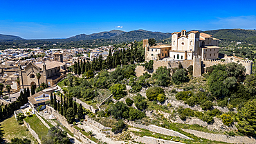 Aerial of Santuari de Sant Salvador, Arta, Mallorca, Balearic islands, Spain, Mediterranean, Europe