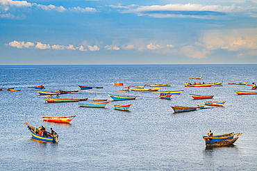 Colourful fishing boats in Kigoma, Lake Tanganyika, Tanzania, East Africa, Africa