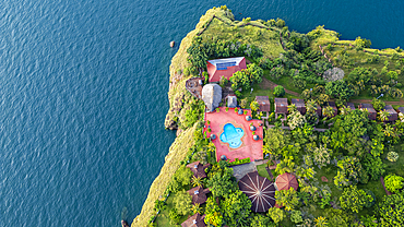 Aerial of a luxury hotel in Kigoma, Lake Tanganyika, Tanzania, East Africa, Africa