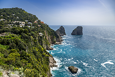 View over the coastline from the Botanical Garden, Island of Capri, Gulf of Naples, Campania, Italy, Europe