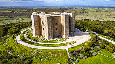 Aerial of the Castel del Monte, UNESCO World Heritage Site, Apulia, Italy, Europe