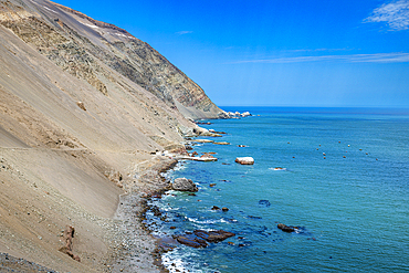 Coastline and recovery place of the Chinchorro Mummies, UNESCO World Heritage Site, Camarones Valley, northern Atacama desert, Chile, South America