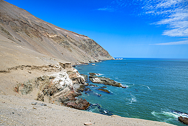 Coastline and recovery place of the Chinchorro Mummies, UNESCO World Heritage Site, Camarones Valley, northern Atacama desert, Chile, South America