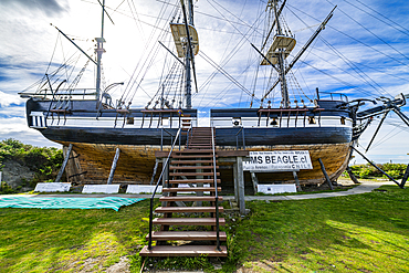 Replica of historic ship, Nao Victoria Museo, Shoreline of Punta Arenas, Patagonia, Chile, South America