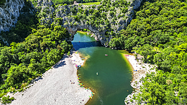 Aerial of the Pont d'Arc, Ardeche River gorge, Ardeche, Auvergne-Rhone-Alpes, France, Europe