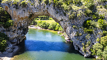 Aerial of the Pont d'Arc, Ardeche River gorge, Ardeche, Auvergne-Rhone-Alpes, France, Europe