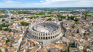 Aerial of the city with the Roman Amphitheatre, UNESCO World Heritage Site, Arles, Bouches du Rhone, Provence-Alpes-Cote d'Azur, France, Europe