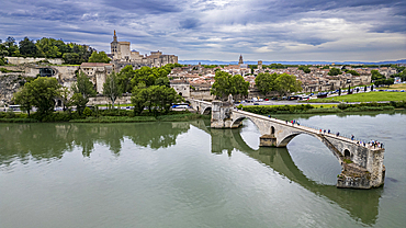 Aerial of the historic Bridge of Saint Benezet (Pont d'Avignon) with the historic city, Avignon, UNESCO World Heritage Site, Vaucluse, Provence-Alpes-Cote d'Azur, France, Europe