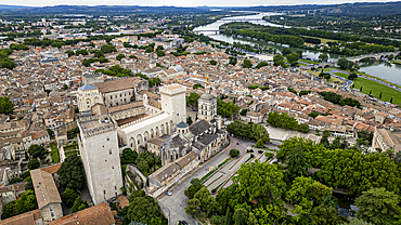 Aerial of the historic city and the Palace of the Popes, Avignon, UNESCO World Heritage Site, Vaucluse, Provence-Alpes-Cote d'Azur, France, Europe