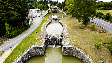 Aerial of the Canal du Midi near Carcassonne, UNESCO World Heritage Site, Aude, Occitania, France, Europe