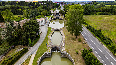 Aerial of the Canal du Midi near Carcassonne, UNESCO World Heritage Site, Aude, Occitania, France, Europe