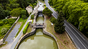 Aerial of the Canal du Midi near Carcassonne, UNESCO World Heritage Site, Aude, Occitania, France, Europe