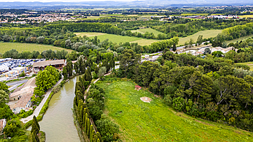 Aerial of the Canal du Midi near Carcassonne, UNESCO World Heritage Site, Aude, Occitania, France, Europe