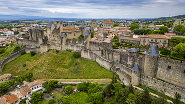 Aerial of the Cite de Carcassonne citadel, UNESCO World Heritage Site, Carcassonne, Aude, Occitania, France, Europe