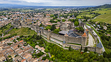 Aerial of the Cite de Carcassonne citadel, UNESCO World Heritage Site, Carcassonne, Aude, Occitania, France, Europe