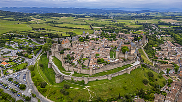 Aerial of the Cite de Carcassonne citadel, UNESCO World Heritage Site, Carcassonne, Aude, Occitania, France, Europe