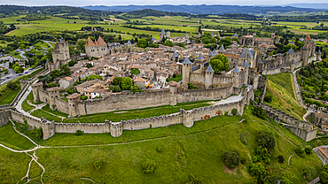 Aerial of the Cite de Carcassonne citadel, UNESCO World Heritage Site, Carcassonne, Aude, Occitania, France, Europe