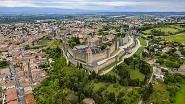 Aerial of the Cite de Carcassonne citadel, UNESCO World Heritage Site, Carcassonne, Aude, Occitania, France, Europe