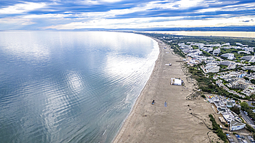 Beach of the futuristic seaside town of La Grande Motte, Herault, Occitania, France, Europe