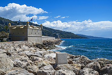 Old castle tower, seaside town of Menton, Alpes Maritimes, Provence-Alpes-Cote d'Azur, French Riviera, France, Europe