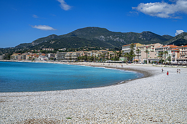 Pebble beach in the seaside town Menton, Alpes Maritimes, Provence-Alpes-Cote d'Azur, French Riviera, France, Europe